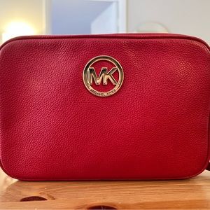Michael Kors Fulton Bright Light Red Pebble Leather Crossbody Shoulder Bag